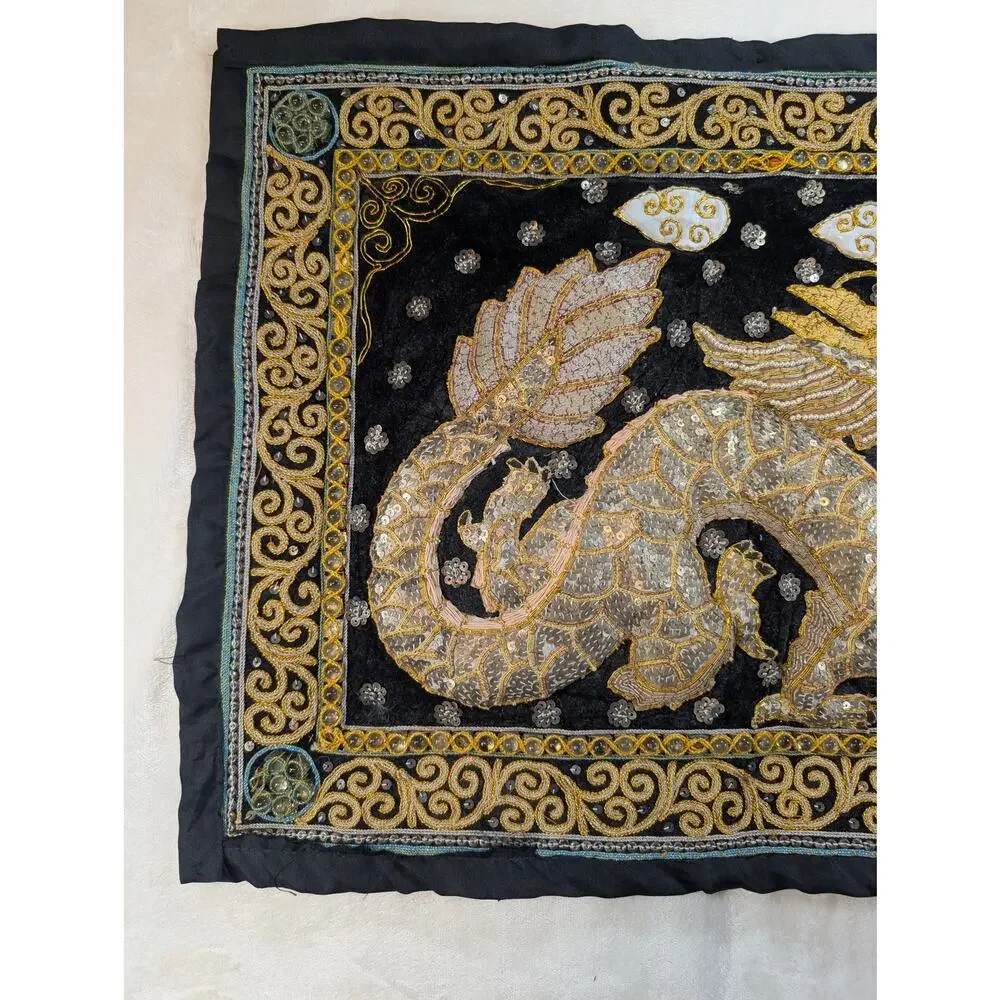 Vintage Burmese (Myanmar) Kalaga Style Beaded & Sequined Dragon Tapestry
